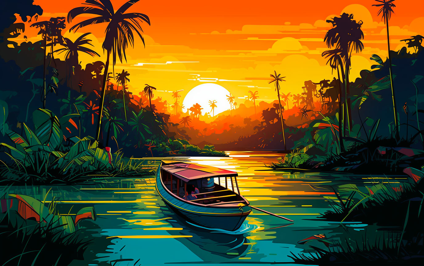 Navigating the waters of the Amazon River, surrounded by dense rainforest.