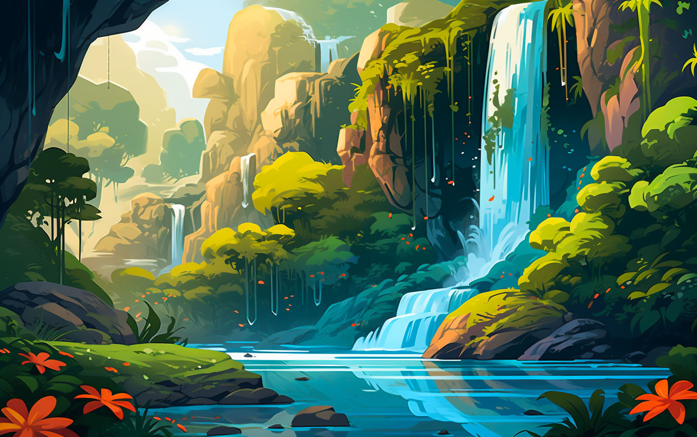 A tranquil forest with a cascading waterfall amidst greenery.