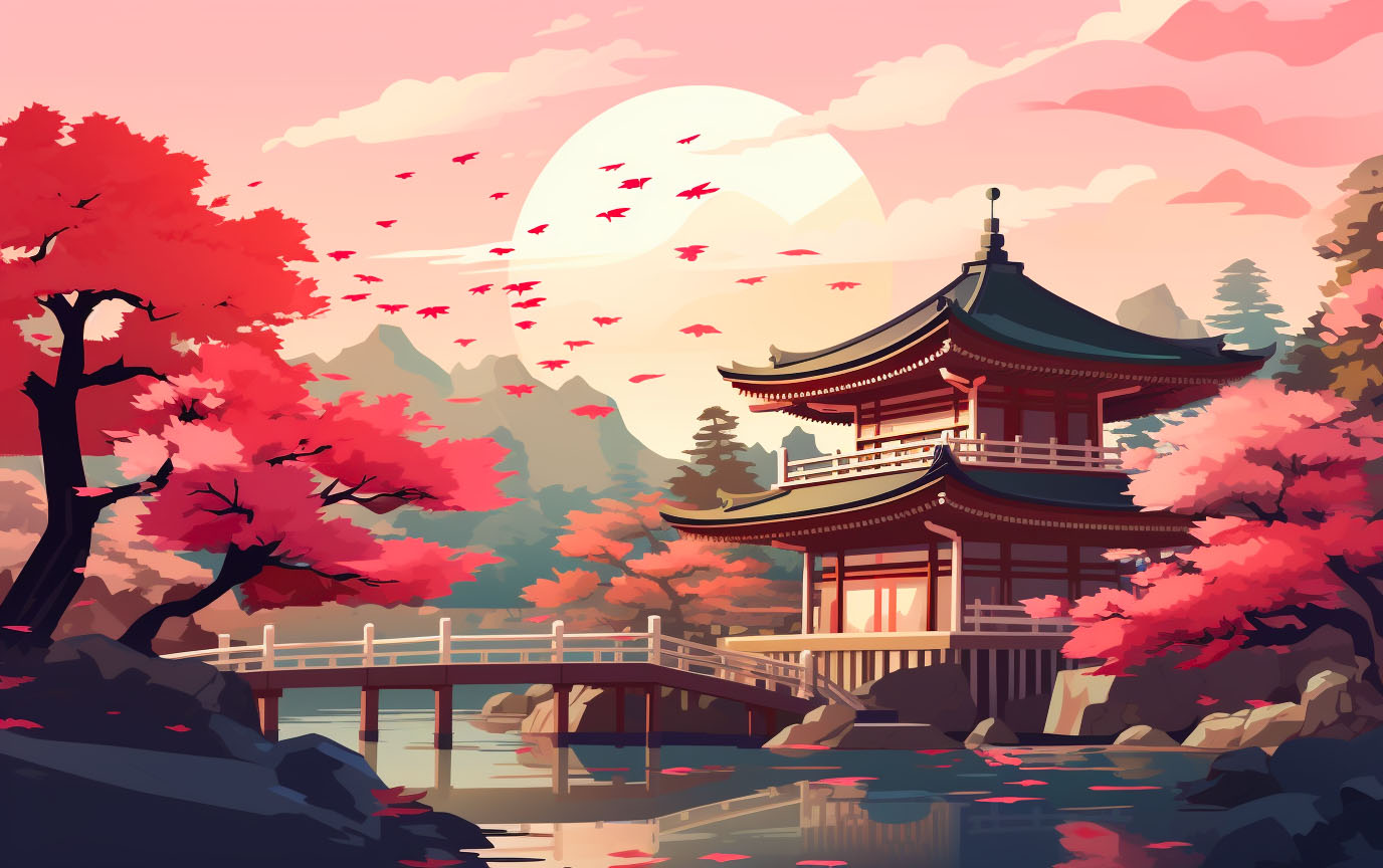 Ancient Japanese temple surrounded by autumn foliage.