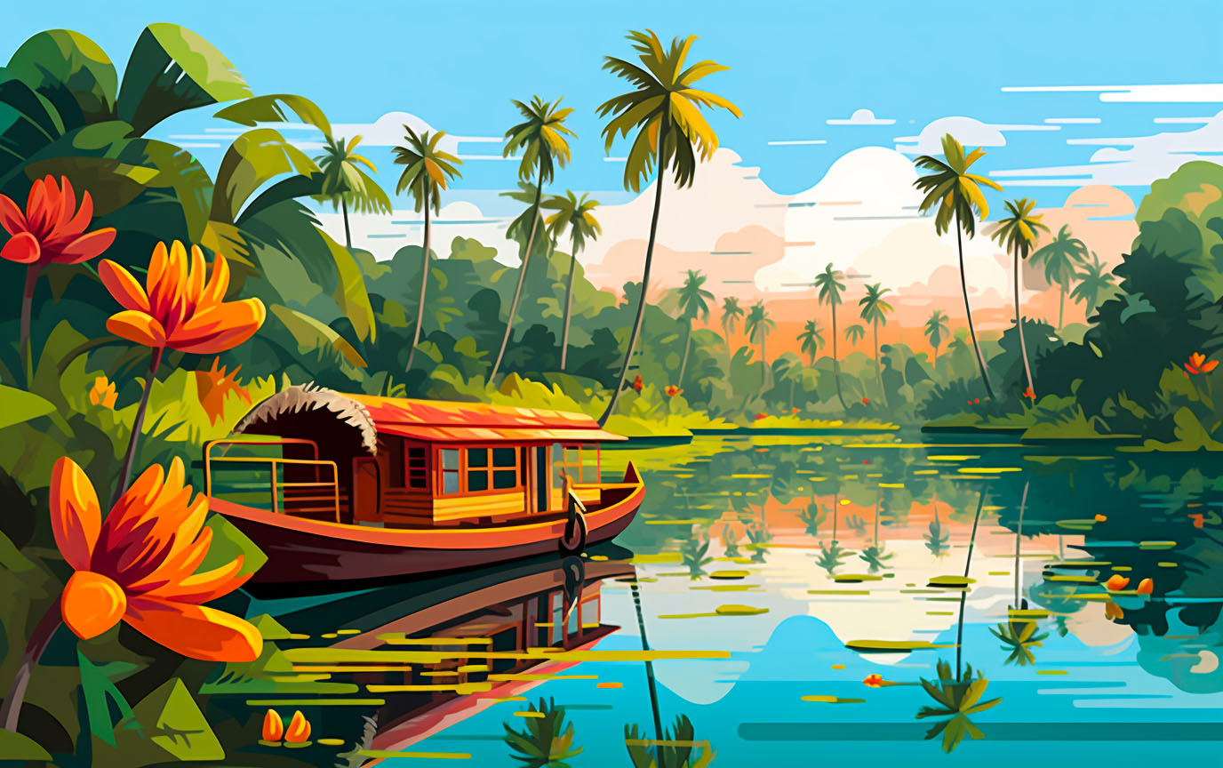 Tranquil waters and lush greenery of the Kerala backwaters.