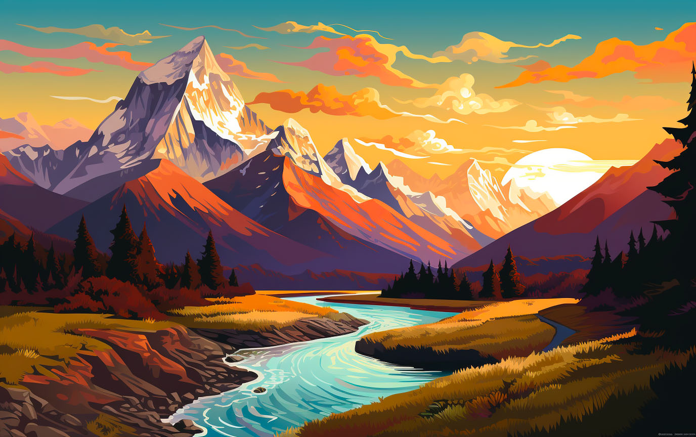 The sun setting behind snow-capped peaks of majestic mountains.