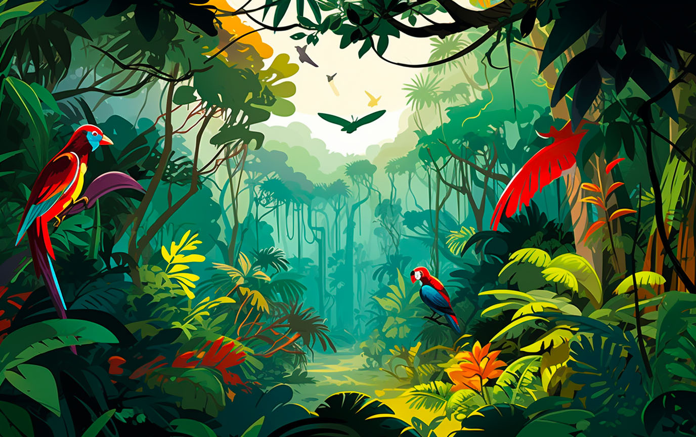 Lush canopy of a rainforest, teeming with life.