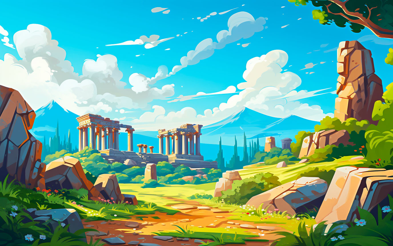 Historic ruins standing tall against the backdrop of the Grecian sky.