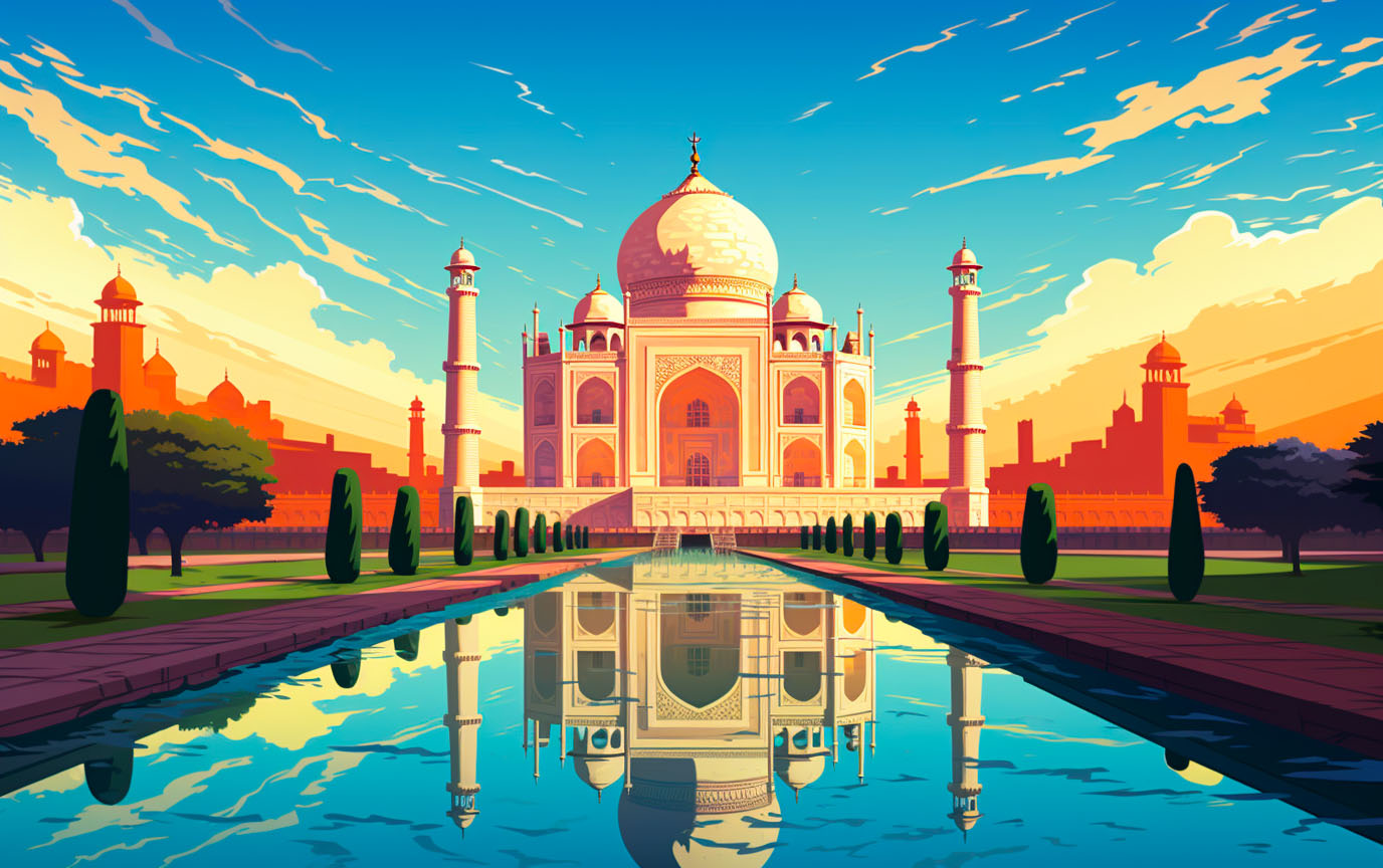 The iconic Taj Mahal reflecting in its surrounding waters during sunrise.