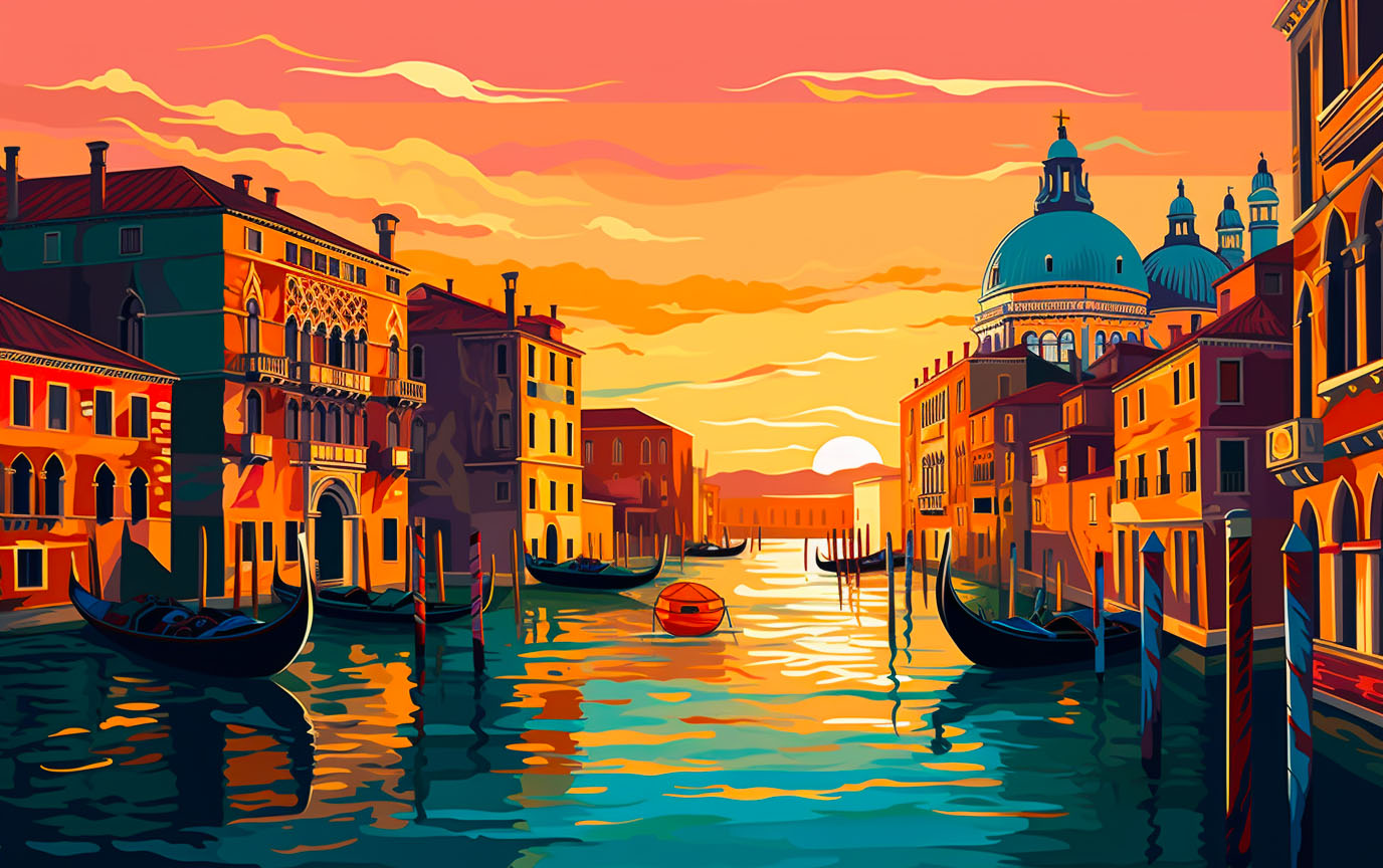 Glistening waters of the Venetian canals as gondolas glide by at sunset.